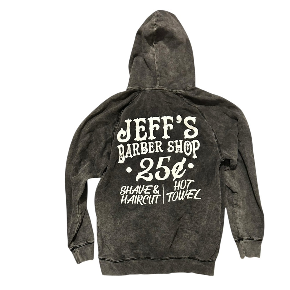 JEFF’S BARBERSHOP Charcoal Gray Hoodie Kangaroo Pocket Cotton Polyester VGC Sz M